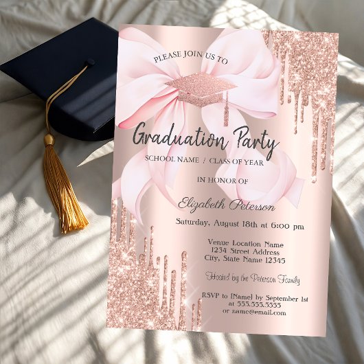 Rose Gold Grad Cap Glitter Drips Bow Graduation Einladung