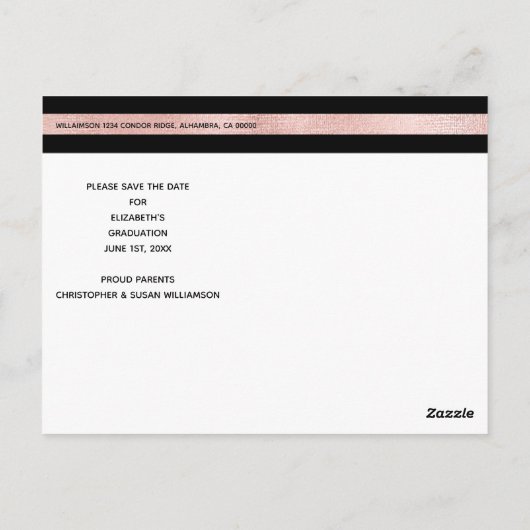 Rose Gold Graduation Cap Save the Date Postkarte (Rückseite)