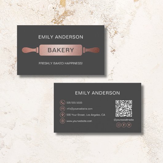 Rose Gold Grau Rolling Button Bäckerei QR Code Visitenkarte
