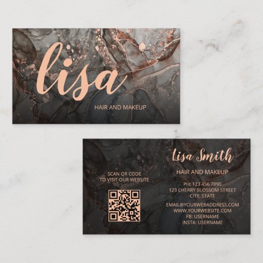 Rose Gold Graue Tinte Marmor Scan QR Code Geschäft Visitenkarte (Vorne/Hinten)