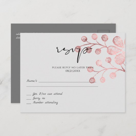 Rose Gold Gray Botanical Wedding RSVP Postkarte (Vorne/Hinten)
