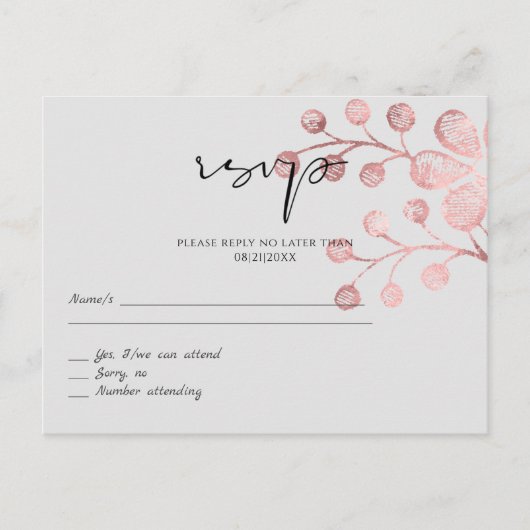 Rose Gold Gray Botanical Wedding RSVP Postkarte (Vorderseite)