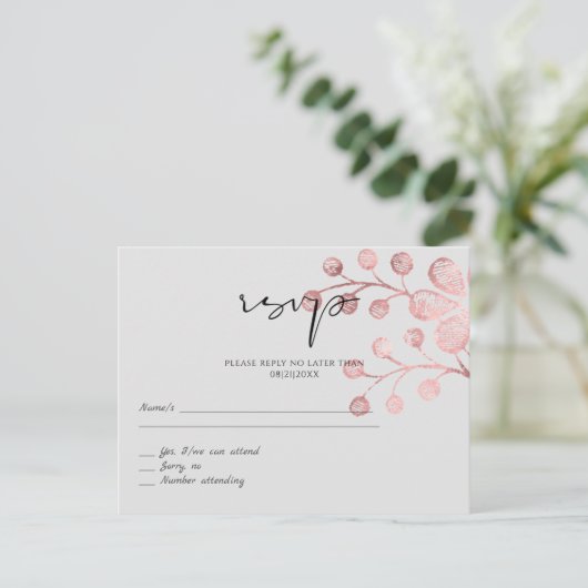 Rose Gold Gray Botanical Wedding RSVP Postkarte (Stehend Vorderseite)