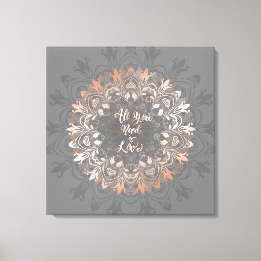 Rose Gold Gray Floral Mandala Liebe Leinwanddruck (Vorderseite)