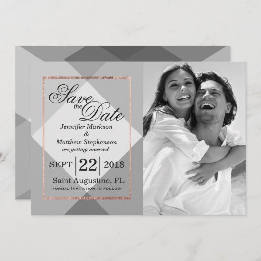 Rose Gold Gray Geo Speichern Sie die Daten Einladung (Vorne/Hinten)