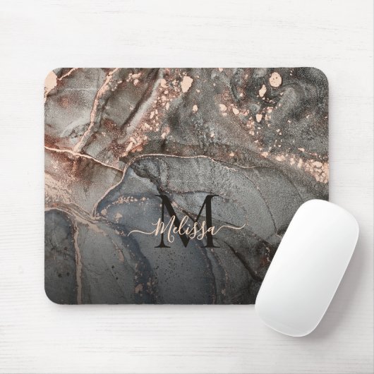 Rose Gold Gray Ink Marble Monogram Mousepad (Mit Mouse)