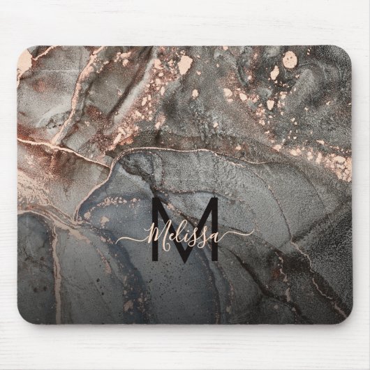 Rose Gold Gray Ink Marble Monogram Mousepad (Vorne)