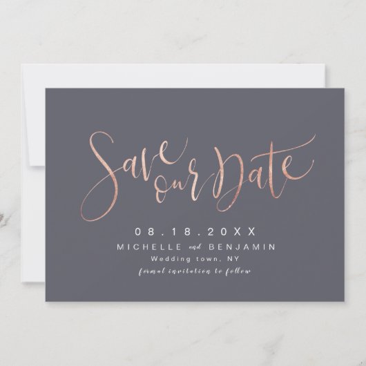 Rose Gold Gray Modernes Einfaches Skript Save the  Date (Vorderseite)
