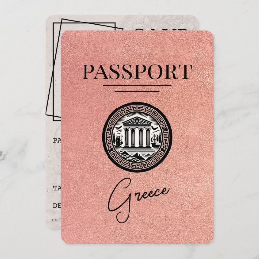 Rose Gold Greece Passport Save the Date Karte (Vorne/Hinten)