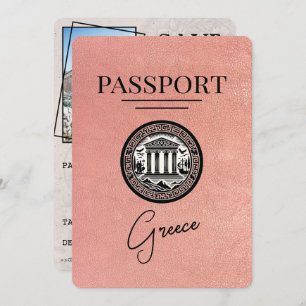 Rose Gold Greece Passport Save the Date Karte