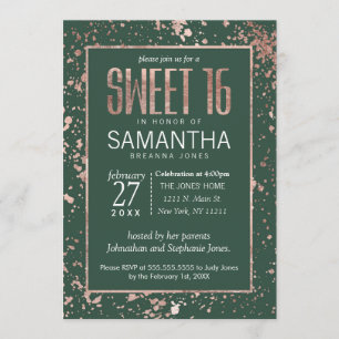 Rose Gold Green Paint Spritzer Sweet 16 Einladung