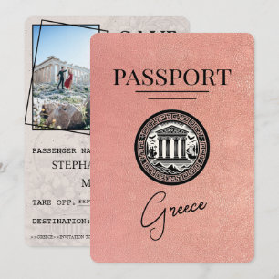 Rose Gold Griechenland Reisepass Save the Date Kar