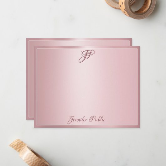 Rose Gold handgeschriebene Skriptmonogramm-Vorlage Mitteilungskarte (Vorderseite/Rückseite Beispiel)