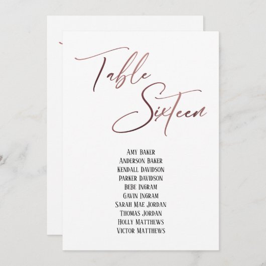 Rose Gold-Handschriftentisch Sechzehn Sitzplakette (Vorne/Hinten)