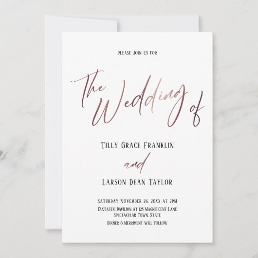 Rose Gold Handwriting Einfache Hochzeit von Einladung (Vorderseite)