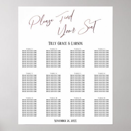 Rose Gold Handwriting Empfang Sitzplan Poster (Vorne)