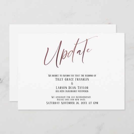Rose Gold Handwriting - Hochzeitsupdate verschoben Einladung (Vorne/Hinten)
