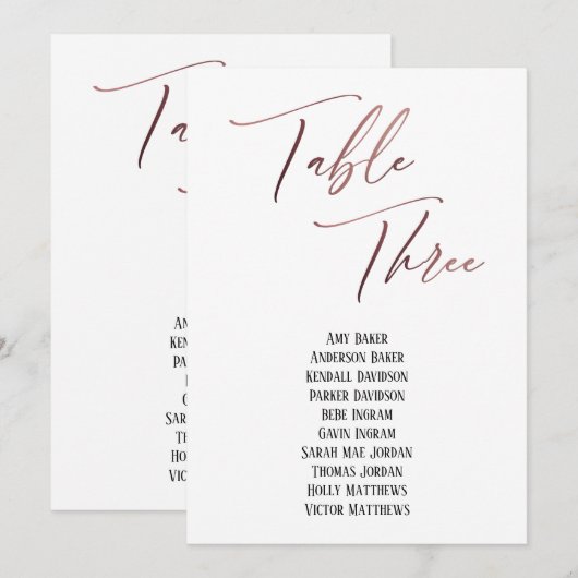 Rose Gold Handwriting Table Drei Sitzplakette (Vorne/Hinten)