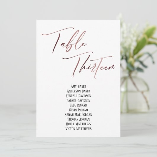 Rose Gold Handwriting Table Dreizehn Sitzplakette (Stehend Vorderseite)