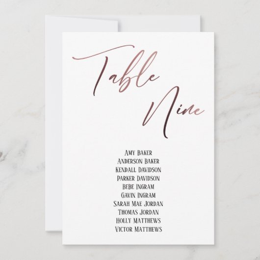 Rose Gold Handwriting Table Neun Seekarte (Vorderseite)