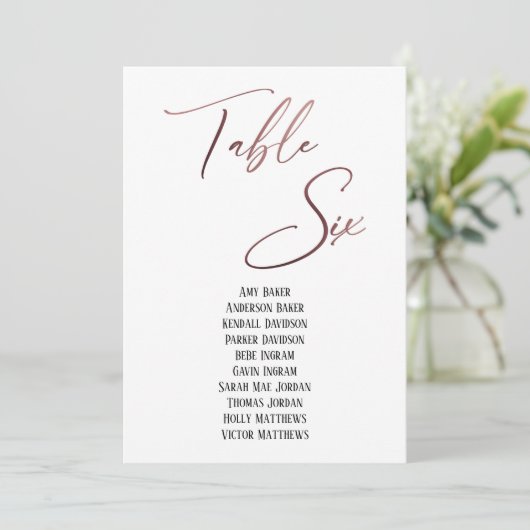 Rose Gold Handwriting Table Sechs Sitzplakette (Stehend Vorderseite)