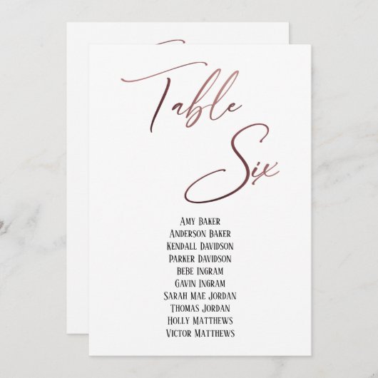 Rose Gold Handwriting Table Sechs Sitzplakette (Vorne/Hinten)