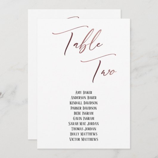 Rose Gold Handwriting Table Zwei Sitze Chart (Vorne/Hinten)