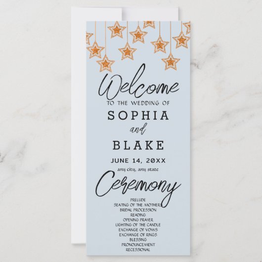 Rose Gold Hanging Stars Light Blue Wedding Program (Vorderseite)