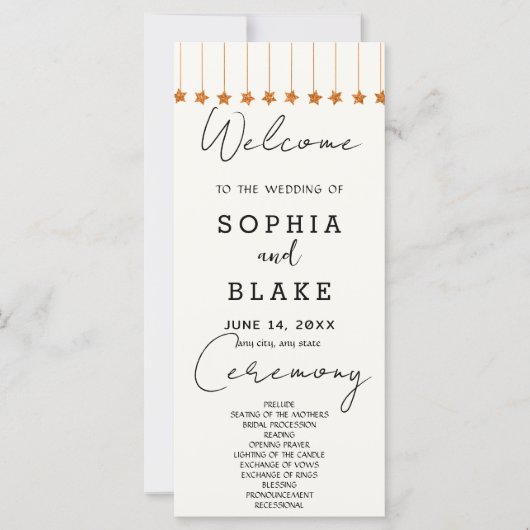 Rose Gold Hanging Stars Off White Wedding Programm (Vorderseite)
