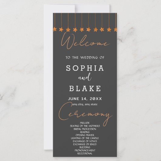 Rose Gold Hanging Stars Smoke Gray Wedding Program (Vorderseite)