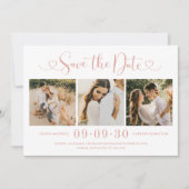 Rose Gold Heart Script 3 Foto Wedding Collage Save The Date (Vorderseite)