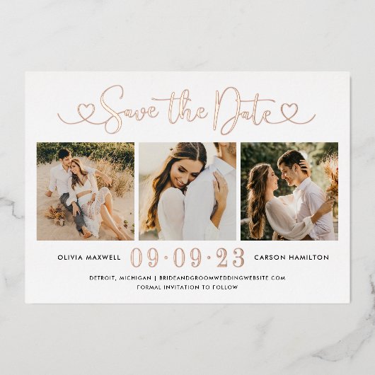 Rose Gold Heart Script Wedding Foto Save the Date Folieneinladung (Vorderseite)