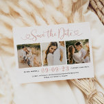 Rose Gold Heart Script Wedding Foto Save the Date Folieneinladung<br><div class="desc">Moderne Rose Goldfolie, Schwarz und Weiß-Hochzeit speichern die Datumskarten mit einer Collage von drei quadratischen Verlobungen Fotos und einem stilvollen Typografie-Design mit chic Kalligraphie-Skript und einem Herz-Akzent. Der einfache und elegante, kundenspezifische Text, der mit dem numerischen Hochzeitstermin, den Braut- und Bräutigam-Namen, der Zeremonie-Position, der Hochzeitswebsite und der formellen Einladung zum...</div>