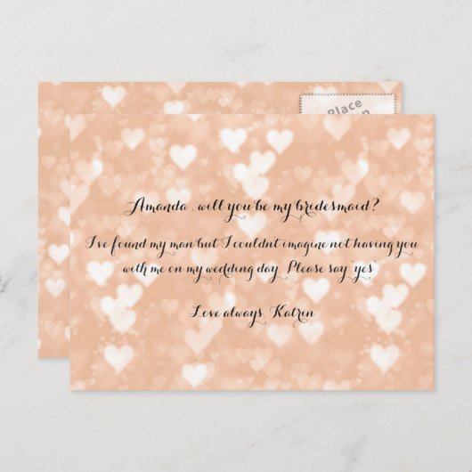 Rose Gold Hearts Blush werden Sie meine Bridesmaid Einladungspostkarte (Vorne/Hinten)
