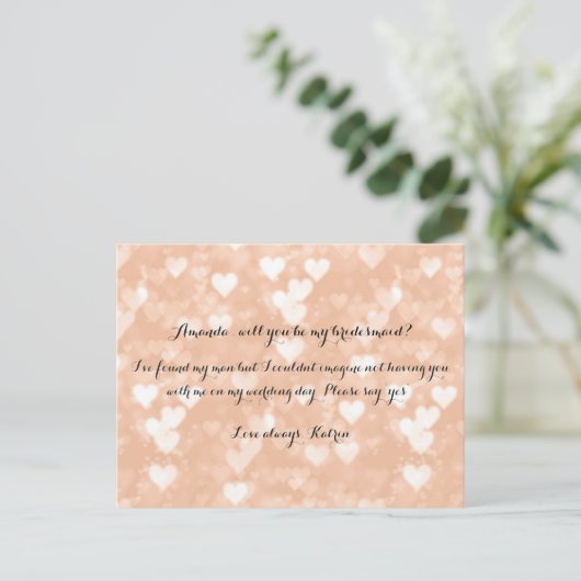 Rose Gold Hearts Blush werden Sie meine Bridesmaid Einladungspostkarte (Stehend Vorderseite)