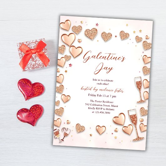 Rose Gold Hearts Champagne Galentine's Day Party Einladung