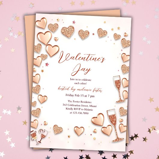 Rose Gold Hearts Champagne Valentine's Day Party Einladung