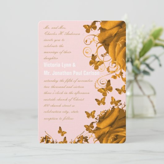 Rose Gold Hearts und Rose Hochzeit Einladung (Stehend Vorderseite)