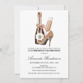 Rose Gold Heelse und Champagne Frauen zum Geburtst Einladung (Vorderseite)