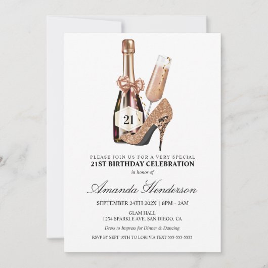 Rose Gold Heelse und Champagne Frauen zum Geburtst Einladung (Vorderseite)