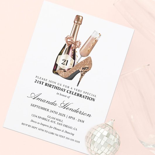 Rose Gold Heelse und Champagne Frauen zum Geburtst Einladung