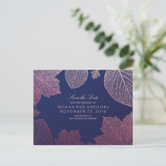 Rose Gold Herbstlaub Elegant Save the Date Ankündigungspostkarte (Stehend Vorderseite)