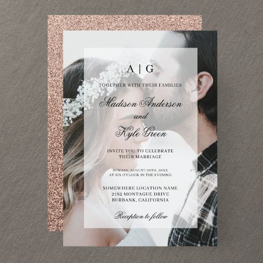 Rose Gold Hochzeit Foto Einladung mit Overlay