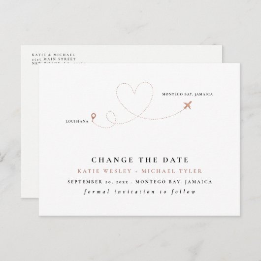 Rose Gold Hochzeit in Urlaubsort ändern Datum Ankündigungspostkarte (Vorne/Hinten)