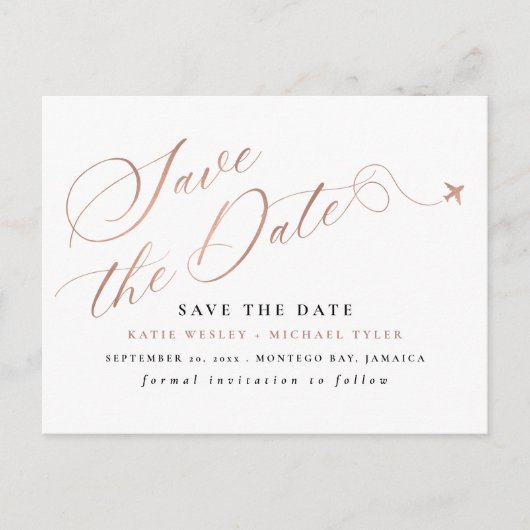 Rose Gold Hochzeit in Urlaubsort Save the Date Ankündigungspostkarte (Vorderseite)