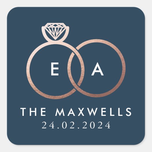 Rose Gold Hochzeitsring Monogram Name Date Navy Quadratischer Aufkleber (Vorderseite)