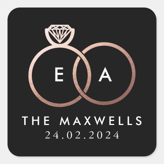 Rose Gold-Hochzeitsring Monogram-Name Datum Schwar Quadratischer Aufkleber (Vorderseite)