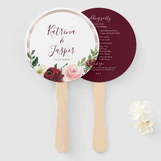 Rose Gold Hoop Burgundy Blush Bloral Wedding Fächer (Vorne und Hinten)