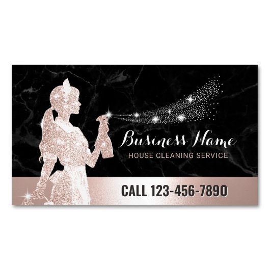 Rose Gold House Cleaning Black Marble Magnetische Visitenkarte (Vorderseite)