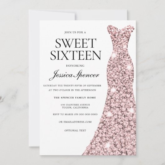 Rose Gold & Hübsches Kleid Sweet 16 Einladung (Vorderseite)